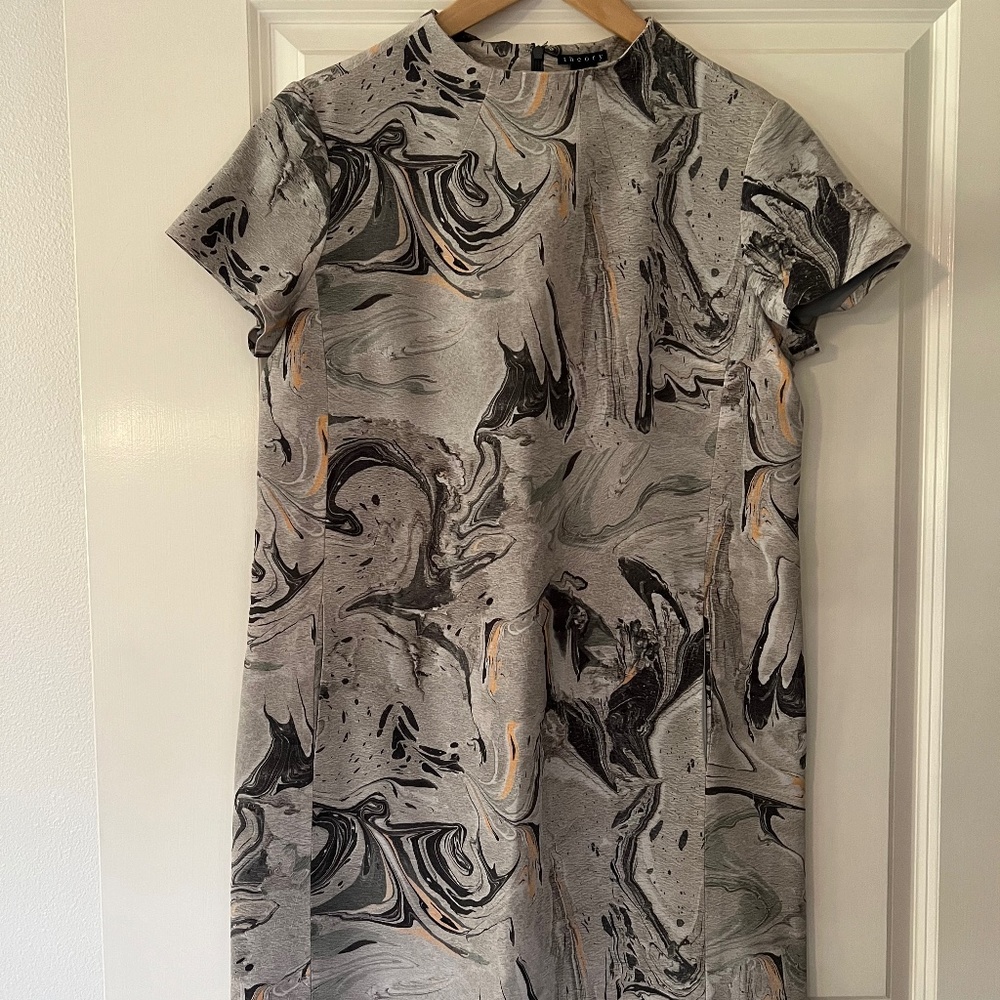 Theory silk dress, marble pattern, modern chic